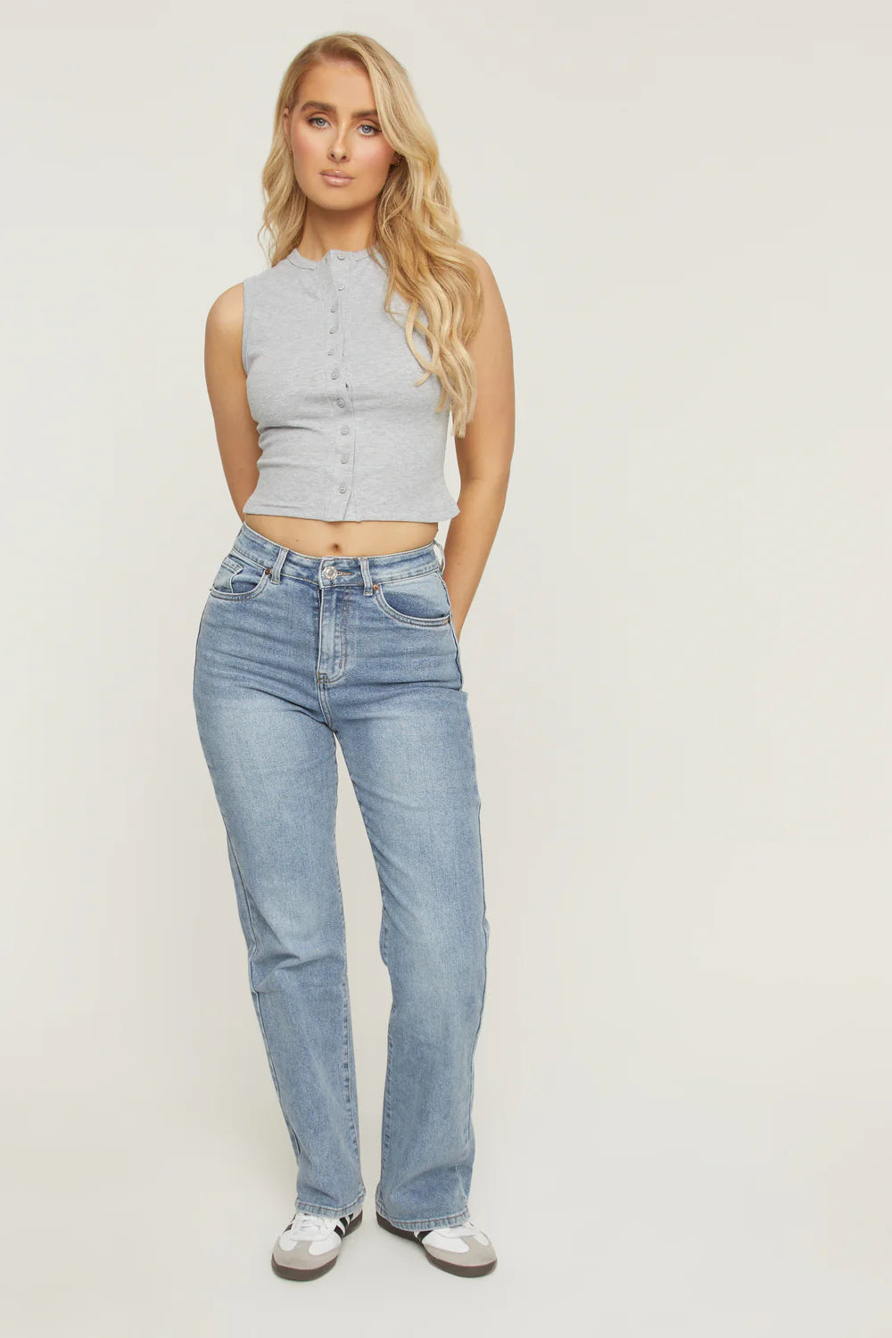 Stretch Straight Leg Frayed Hem Jeans