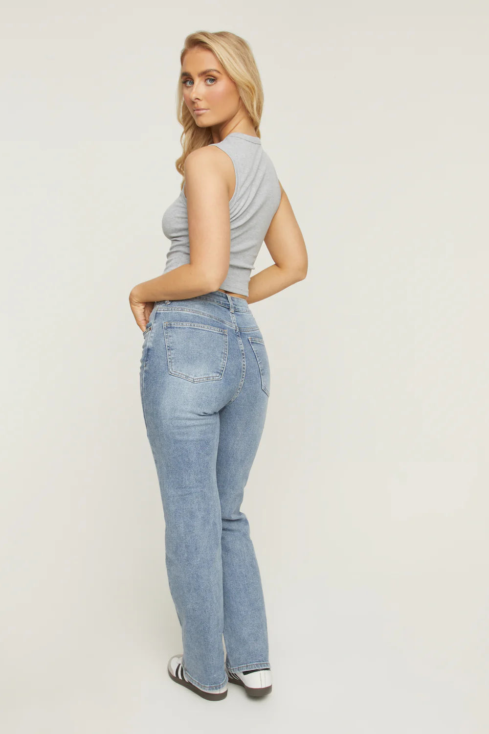 Stretch Straight Leg Frayed Hem Jeans